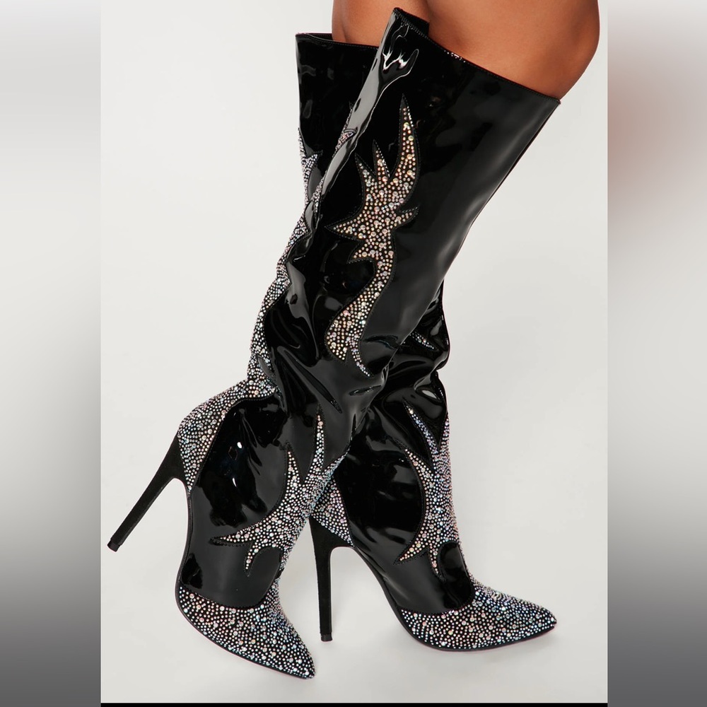 Black Rhinestone Knee High Boots